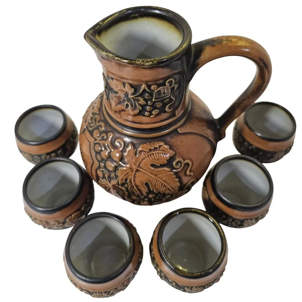 Vintage Gertz German‎ Pottery Pitcher 6 Cups Wine Set Grape Leaf Design MCM